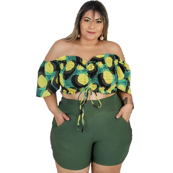 Plus Size Retro One-Shoulder Top & Shorts Set for Casual Wear