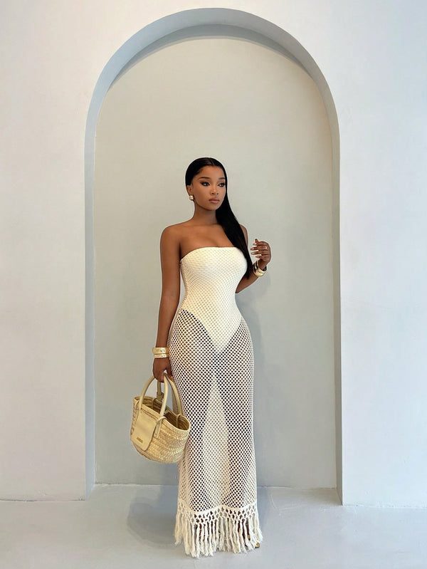 Hollow-Out Fringe Strapless Bodycon Dress for Holiday Parties