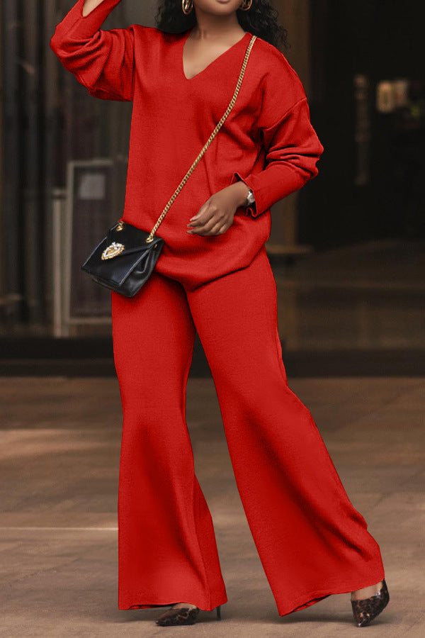 Solid Long-Sleeved Slit Two-Piece Lounge Set