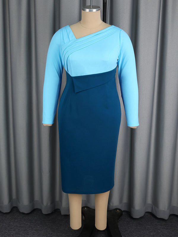 Asymmetrical V-Neck Color Block Long Sleeve Bodycon Dress for Autumn