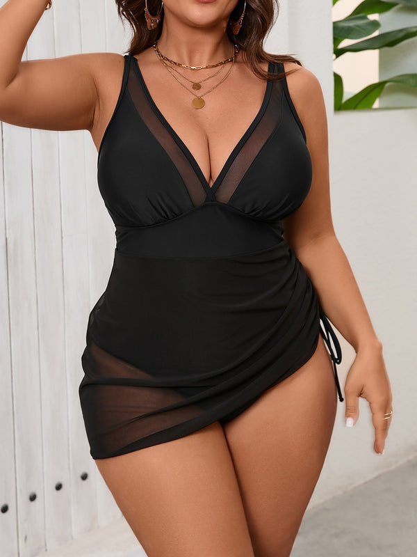 Solid Black Mesh Mini Skirt Tummy Control One-Piece Swimsuit