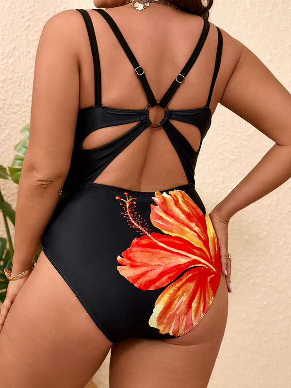 Plus Size Floral Print Backless One-Piece Swimsuit