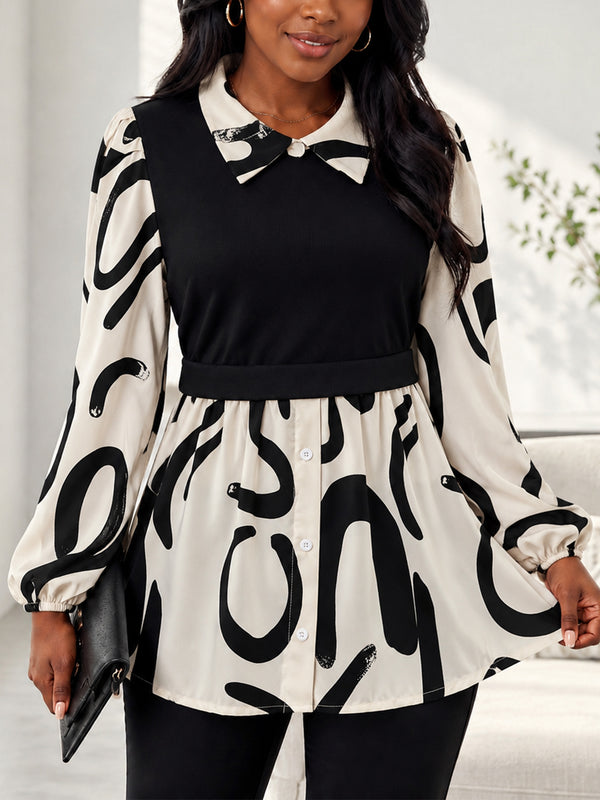 Striped Patchwork Turn-Down Collar Long-Sleeve Shirt Dress for Career Wear