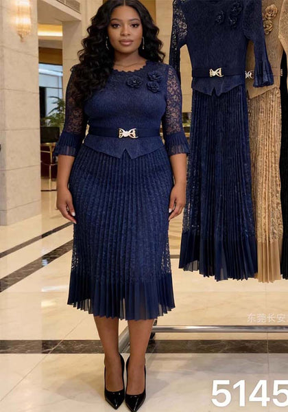 Plus Size Women Pleated Lace Floral Maxi Dress