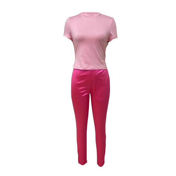 Round Neck Short Sleeve Top & Long Pants Two-Piece Set