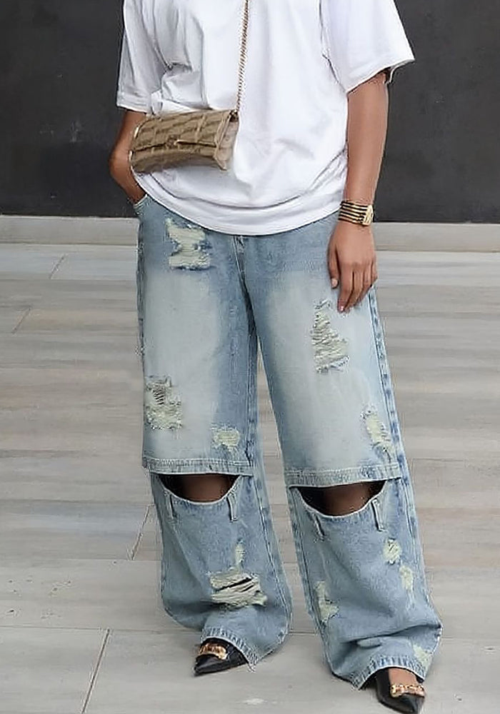 Knee Ripped Washed Denim Jeans for Streetwear