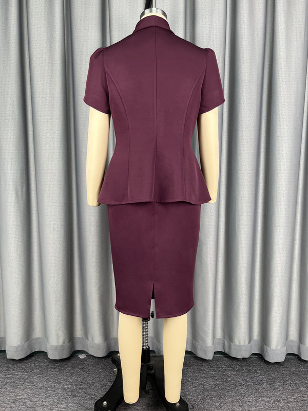 Plus Size Purple Turndown Collar Double-Breasted Suit Skirt Set for Career Wear