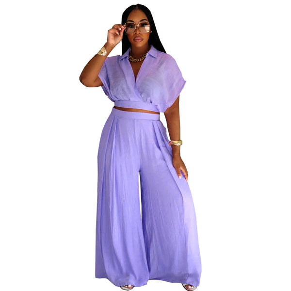 African Solid Turndown Collar V-Neck Top & Wide Leg Pants Set for Casual Wear