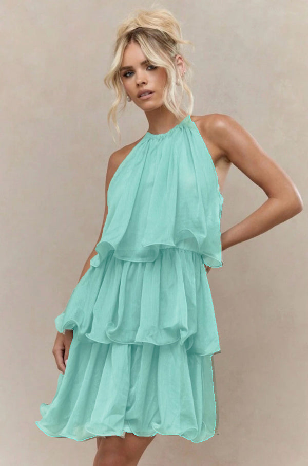 Halter Neck Sleeveless Tulle Ruffle Dress for Summer Formal Events