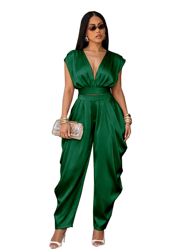 Solid Deep V-Neck Lace-Up Slim Waist Pants Two-Piece Set for Summer Career