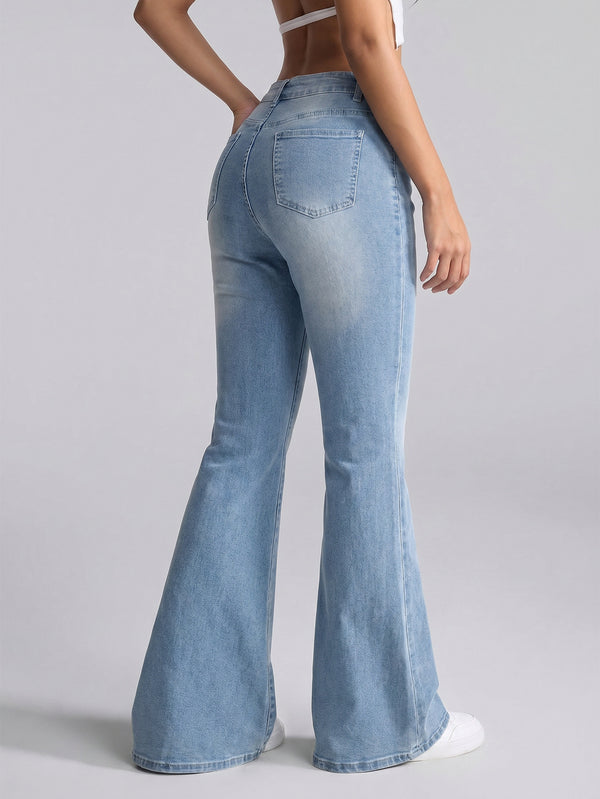 Floral Embroidered Washed Bell Bottom Denim Jeans