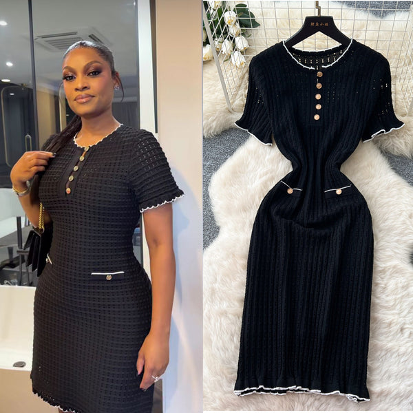 Knitted Hollow-Out Ruffle Edge Short Sleeve Dress for Summer