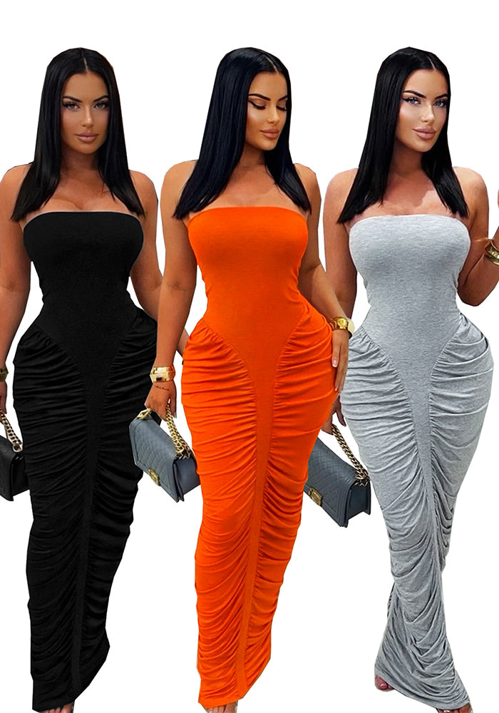 Strapless Pleated Bodycon Maxi Dress for Summer Evenings
