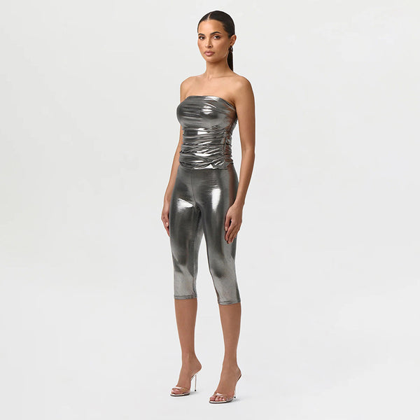 Shiny Strapless Top & 3/4 Pants Two-Piece Set for Spring & Summer