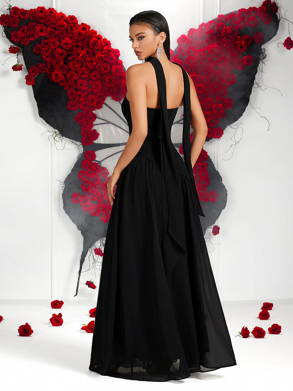 Black Patchwork Chiffon Halter Sash Strapless Evening Gown for Formal Events