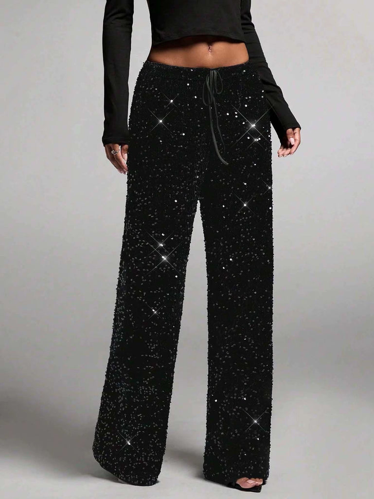Women Sequined Drawstring Stretchy Pant