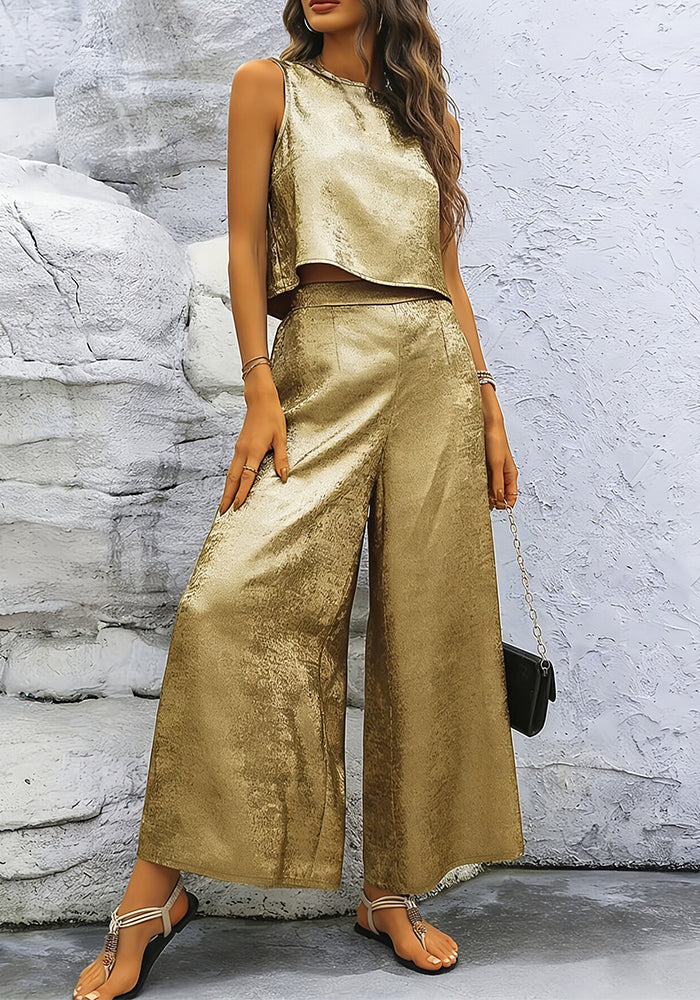 Zipper Sleeveless Top & Bell Bottom Pants Casual Two-Piece Set