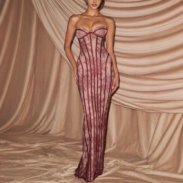 Women Lace Bodycon Party Tie-Waist Maxi Dress