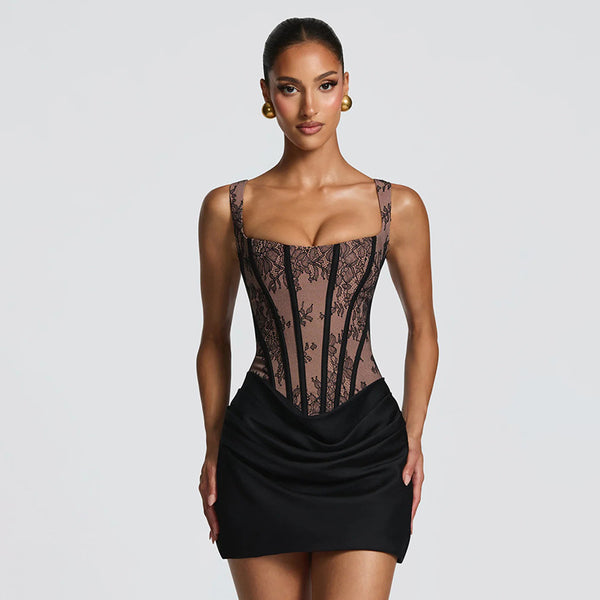 Square Neck Lace Patchwork Ruched Dress for Spring & Summer Events