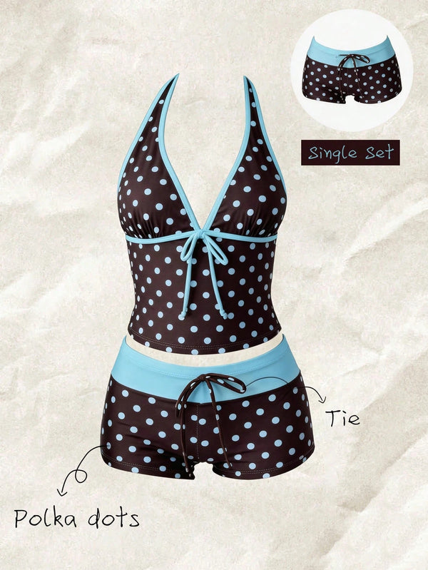 Polka Dot Lace-Up Bikini Swimsuit for Beachwear