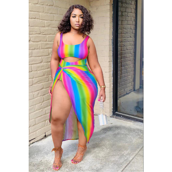 Plus Size Rainbow Stripe Cutout One-Piece Swim Dress Two-Piece Set