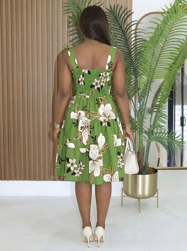 Printed Slim Waist A-Line Dress for Vacation & Beachwear