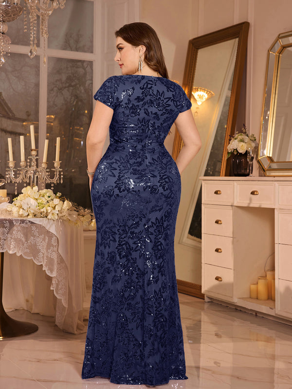 Plus Size Sequin Pleated Cross Mermaid Formal Maxi Dress for Summer Evenings