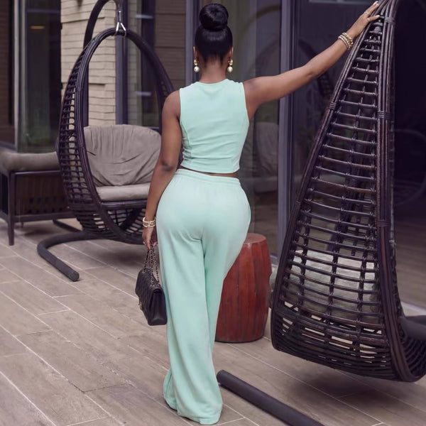African Solid Sleeveless Round Neck Top & Lace-Up Pants Set for Casual Wear