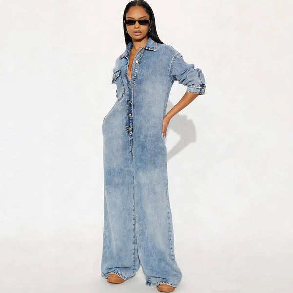Button-Down Long-Sleeve Denim Jumpsuit for Casual Wear