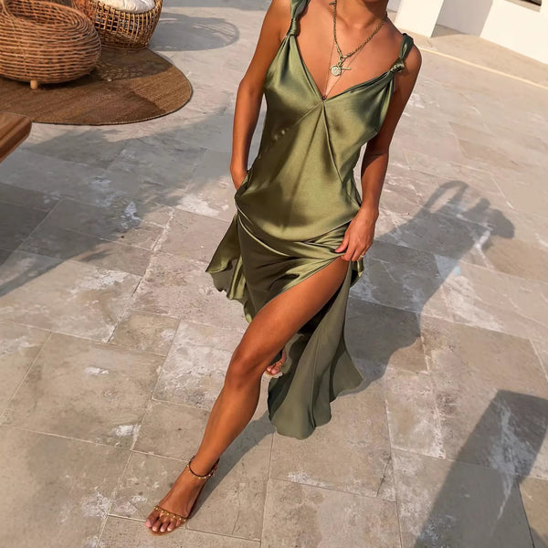 Satin Spaghetti Strap High Slit Dress for Spring/Summer Holidays