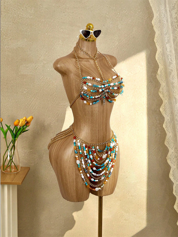 Pearl Tassel Body Chain Halter Top for Festivals & Parties