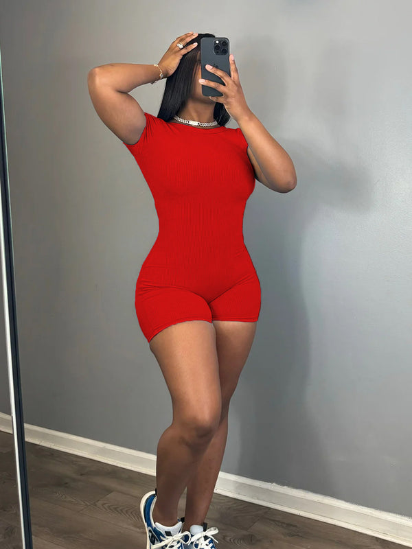 Round Neck Short-Sleeve Jumpsuit for Spring Casual Wear