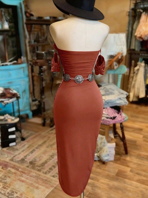 Strapless Irregular Slit Bodycon Dress for Evening Parties