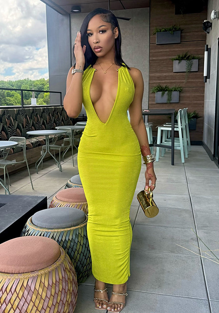 Metal Halter V-Neck Maxi Dress for Evening Parties