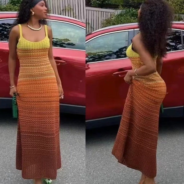 Gradient Sleeveless Halter Knitted Maxi Dress for Summer Beach Holidays