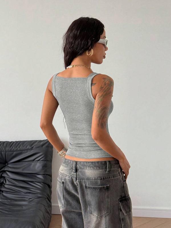 Y2K Grey V-Neck Adjustable Strap Cami Top for Summer Streetwear