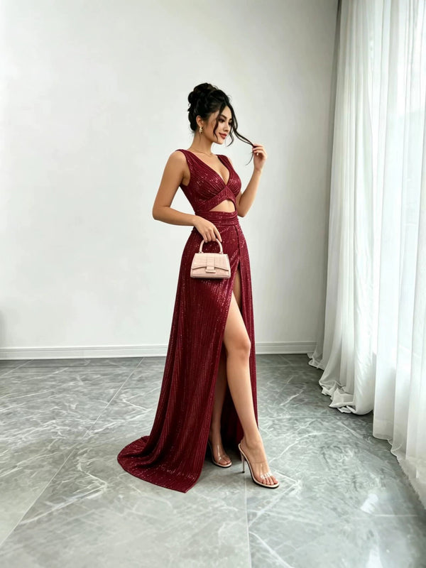 Sequin V-Neck Slit Maxi Dress for Formal Parties