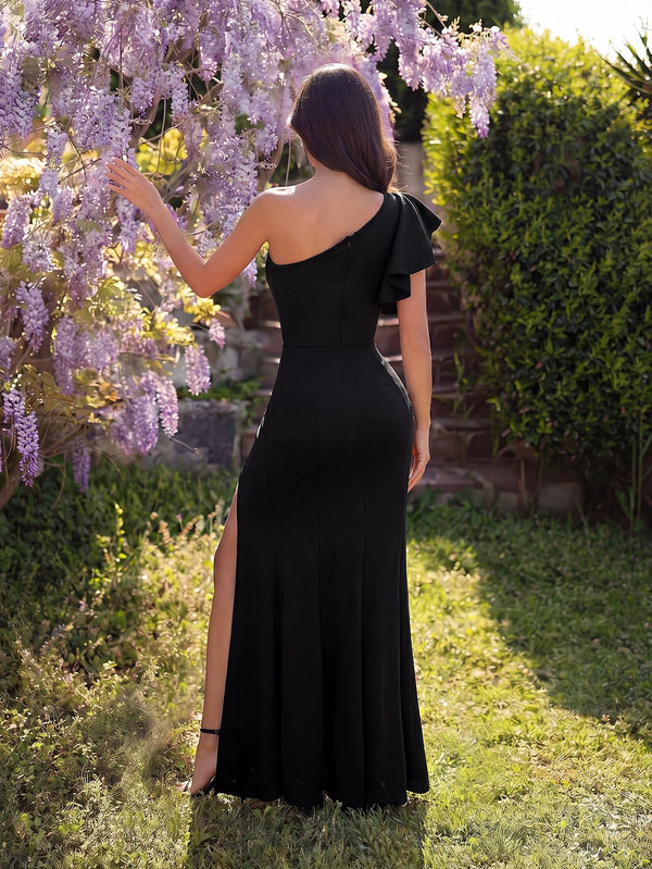 Floral Slash Shoulder Sleeveless French Slit Evening Dress for Parties
