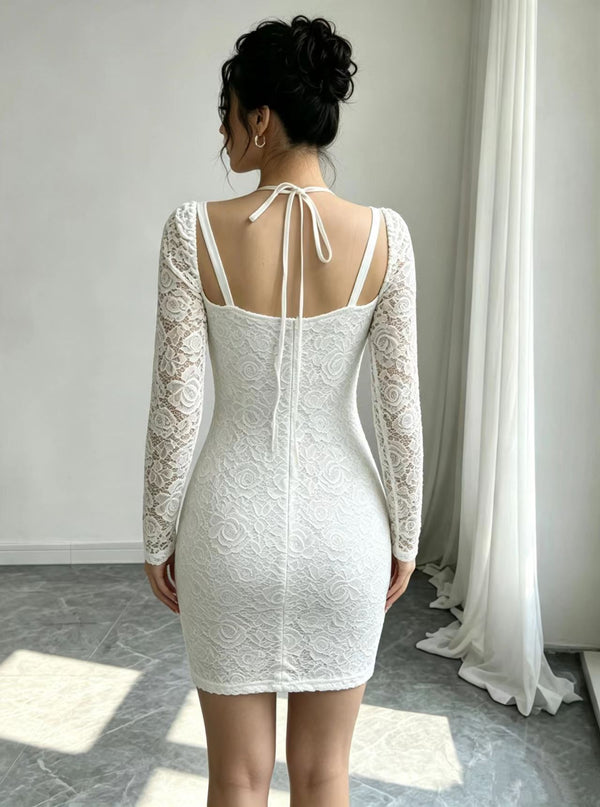 Lace See-Through Jacquard Side Slit Long Sleeve Dress for Autumn Formal Events