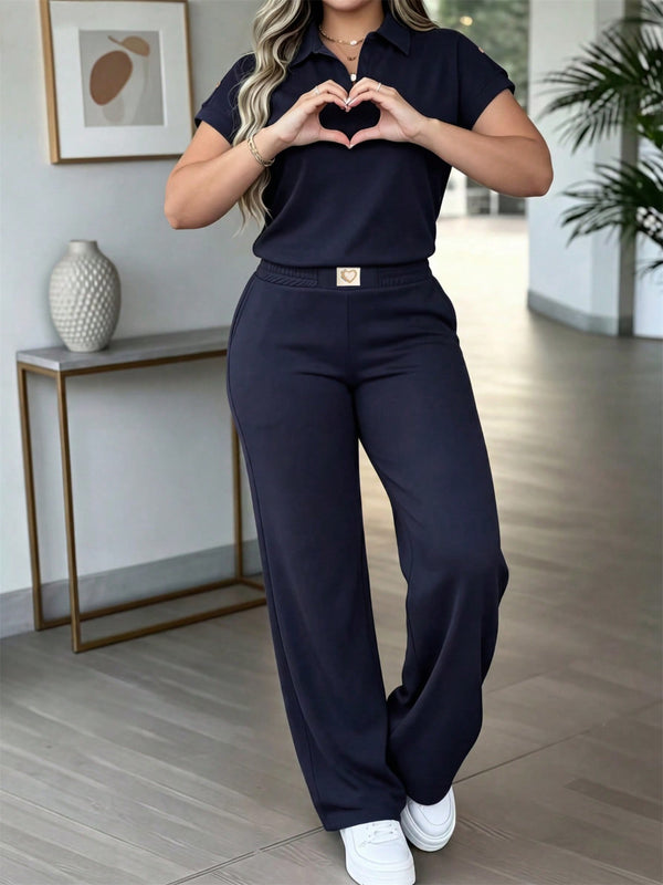 Color Block Short Sleeve Top & Heart Print Pants Set for Casual Wear