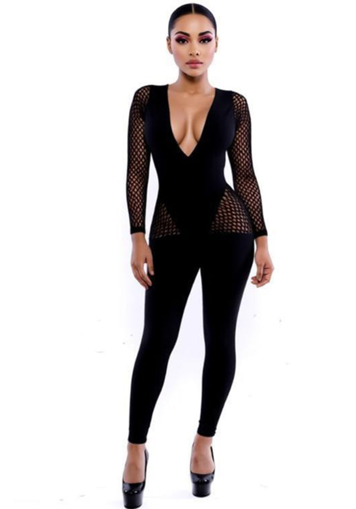 Fishnet Ripped Bodycon Jumpsuit for Club Wear
