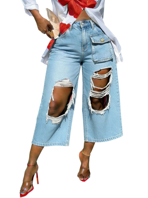 Red Gradient Ripped Raw Edge Wide Leg Pants for Streetwear
