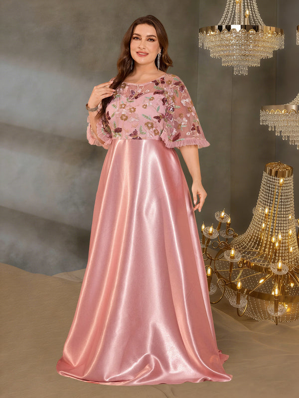 Plus Size Sequin Embroidery Bat Sleeve Ruffle Formal Maxi Dress for Weddings
