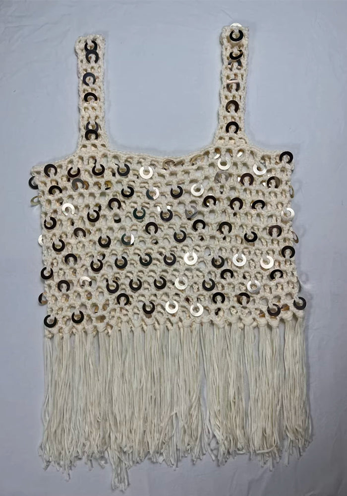 Sequined Crochet Tassel Top for Holiday Festivals