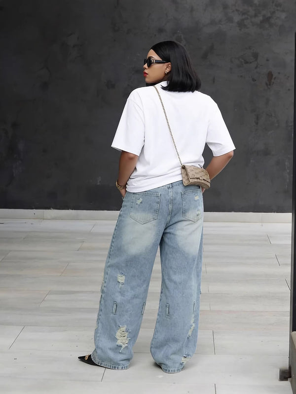 Knee Ripped Washed Denim Jeans for Streetwear