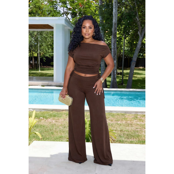 Off-Shoulder Pleated Wide Leg Pants Set for Casual Outings