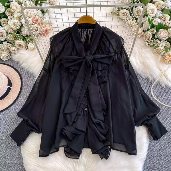 V-Neck Ruffle Blouse with Bow Detail for Fall & Winter Casual
