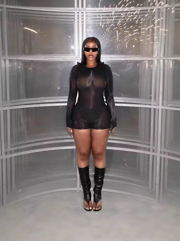 Printed Mesh See-Through Backless Bodysuit for Summer Clubbing