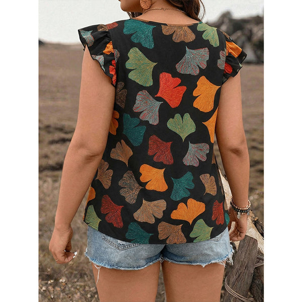 Plus Size V-Neck Ruffled Printed Short Sleeve Top for Summer