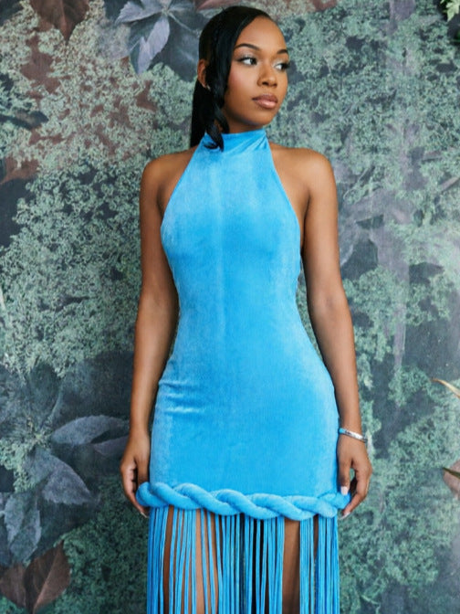 Fringed Halter Neck Maxi Dress for Formal Parties